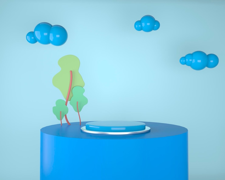 PSD pano de fundo abstrato para exposição de produtos, pódio com árvores e plantas, ilustração 3d
