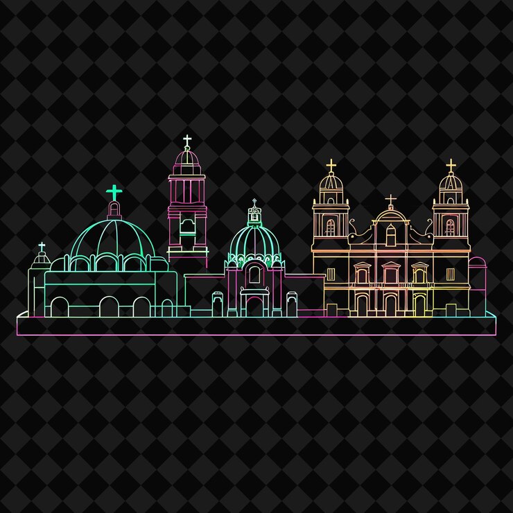PSD panorama de la ciudad de méxico de neón brillante dentro de un silho rectangular png y2k monoline cityscape collage art