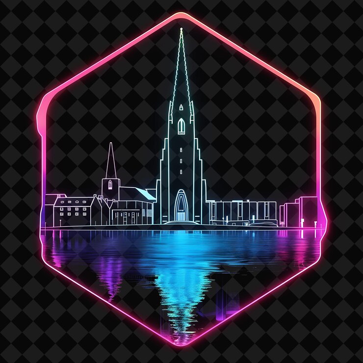 PSD panorama de reykjavik de néon cintilante dentro de uma silhueta hexag png y2k monoline cityscape collage art