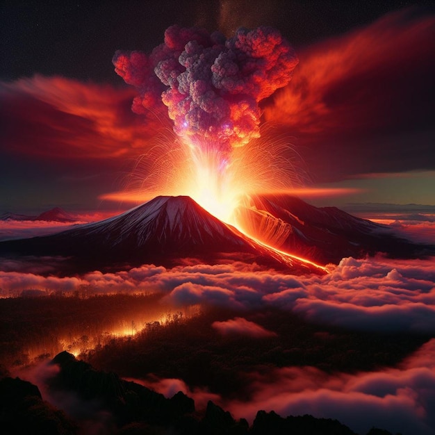 PSD panorama hyperréaliste du paysage vue d'hélicoptère éruption du volcan impact explosion explosion