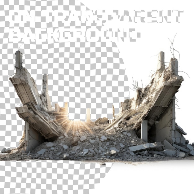 PSD panorama un montón de fragmentos grises de hormigón de un edificio destruido iluminado por el sol con un hu