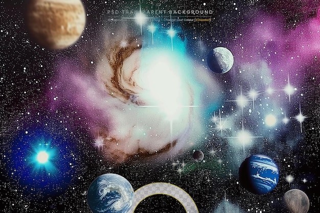 PSD panorama-raumszene mit planeten, sternen und galaxien auf durchsichtigem hintergrund