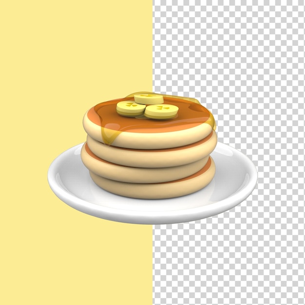 Panquecas fofas com modelo de renderização 3D de xarope e bananas