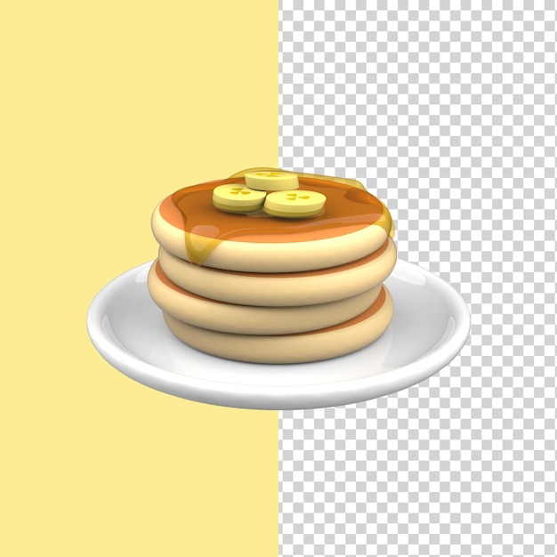 Panquecas fofas com modelo de renderização 3d de xarope e bananas
