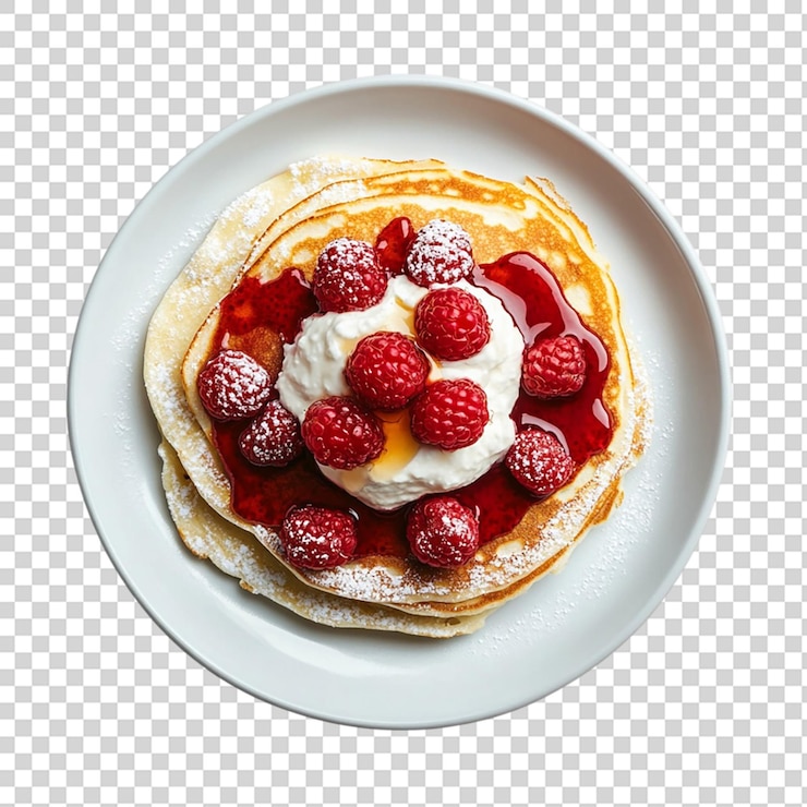 PSD panqueques con ricotta y salsa de frambuesa en un plato blanco aislado sobre un fondo transparente
