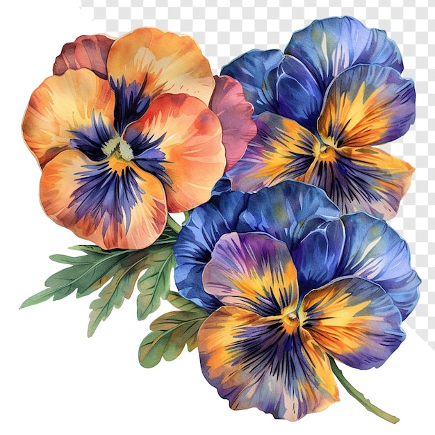 Pansies multicolores acuarela clipart floral fondo transparente