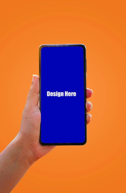 Pantalla azul de teléfono inteligente con fondo naranja Mockup de PSD
