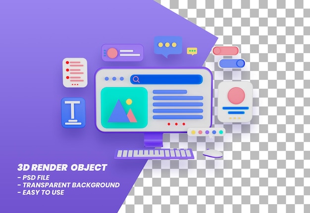 Pantalla de computadora de procesamiento y desarrollo de datos con elementos de renderizado 3D Premium PSD
