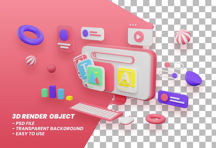 PSD pantalla de computadora de procesamiento y desarrollo de datos con elementos de renderizado 3d premium psd
