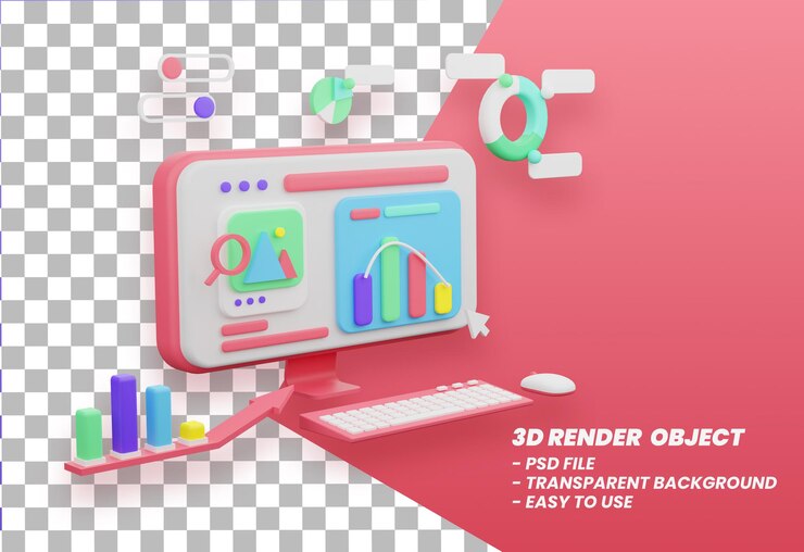 PSD pantalla de computadora de procesamiento y desarrollo de datos con elementos de renderizado 3d premium psd
