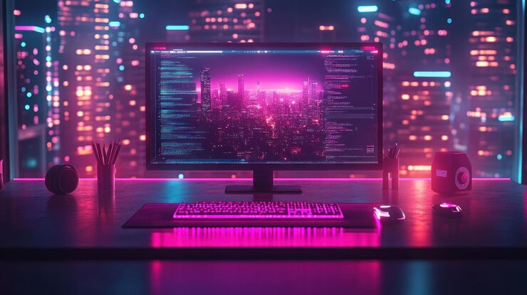 PSD una pantalla de computadora que muestra un horizonte futurista de la ciudad con una codificación en ella puesta en contra de un telón de fondo de una ciudad por la noche