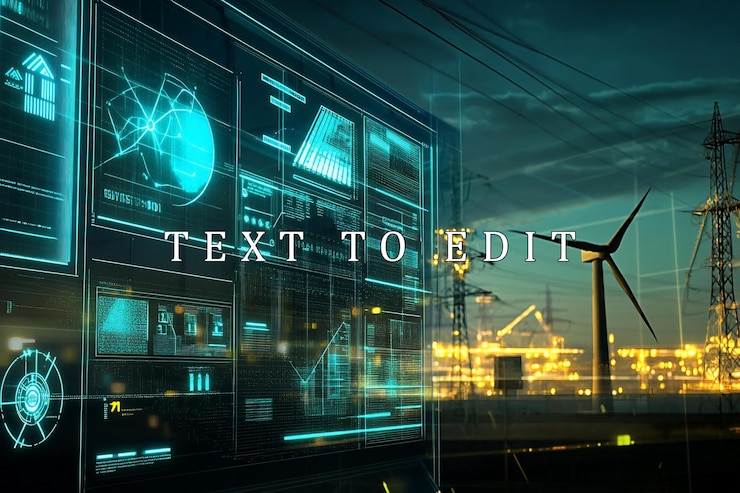 PSD pantalla de control de energía futurista que muestra la turbina eólica y la red eléctrica al atardecer