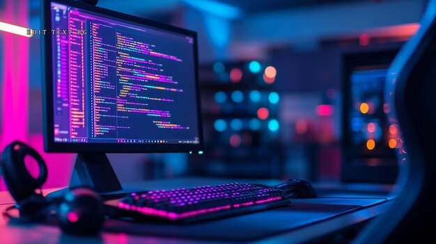 La pantalla iluminada de la computadora muestra líneas de código, el teclado, el ratón y los auriculares en el escritorio.