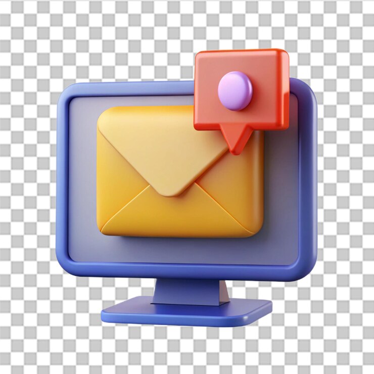 PSD pantalla de monitor de computadora 3d y sobre concepto de notificación de nuevo mensaje correo electrónico no leído nueva notificación llegada servicio de correo electrónico mensaje de correo notificación vectorial en estilo 3d