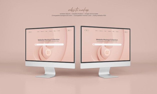 Pantalla de monitor de escritorio con maqueta de presentación del sitio web aislada