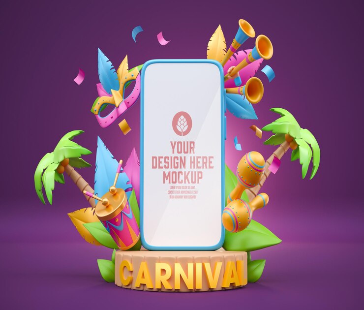 PSD pantalla móvil con adornos de carnaval mockup