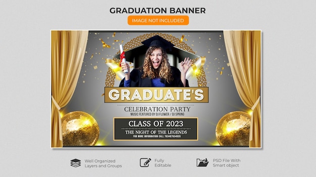 PSD en una pantalla se muestra una pancarta para la fiesta de celebración de la graduación.