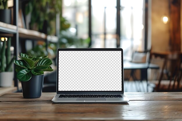 PSD pantalla de portátil transparente en superficie de madera con diseño innovador de espacio de trabajo de plantas en maceta