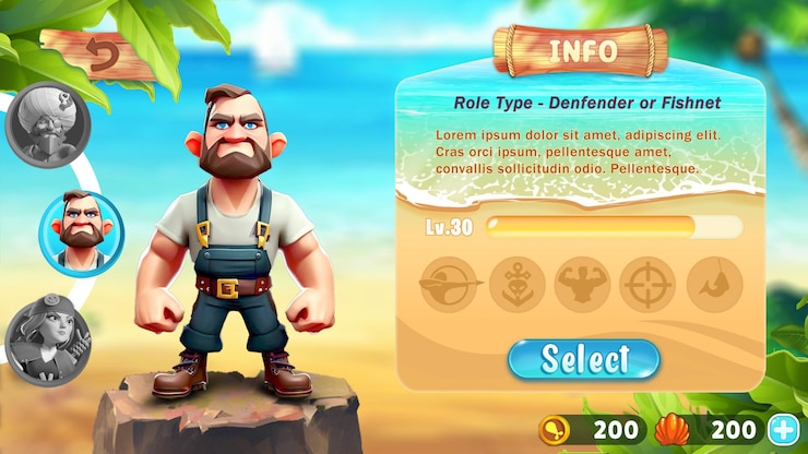 PSD pantalla de selección de personajes de juegos de peces