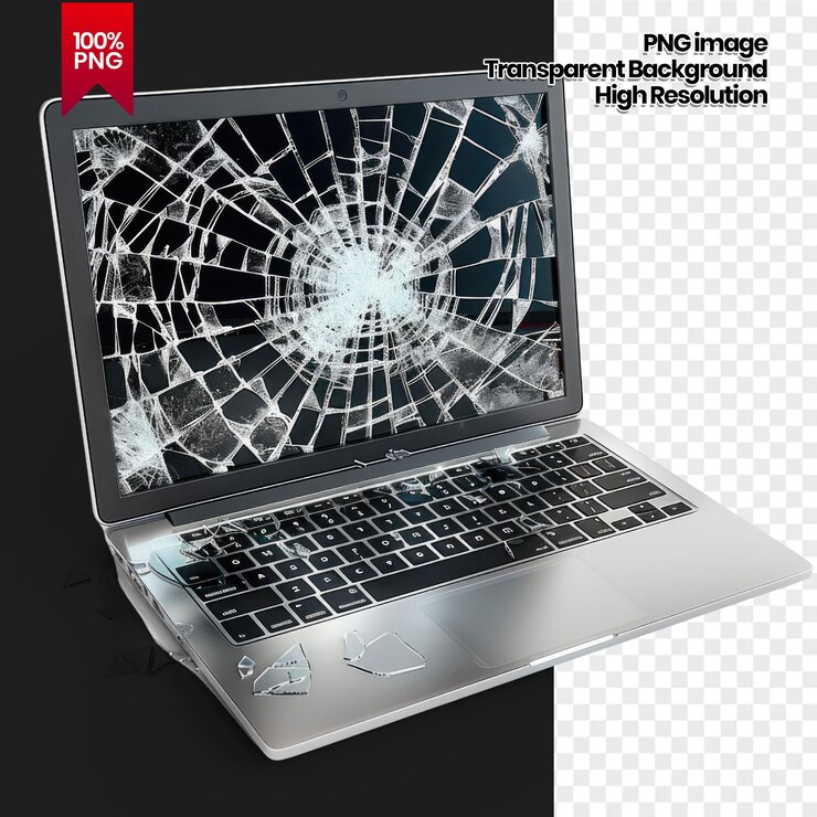 PSD pantalla y teclado de portátil rotos con fondo eliminado