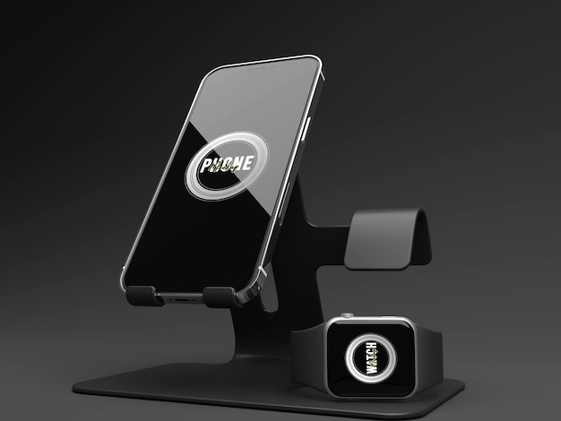 PSD pantalla de teléfono móvil con maqueta de reloj inteligente renderizada en 3d