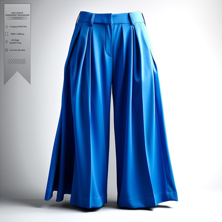 PSD pantalones anchos azules cobalto con longitud recortada y cintura alta sobre un fondo transparente
