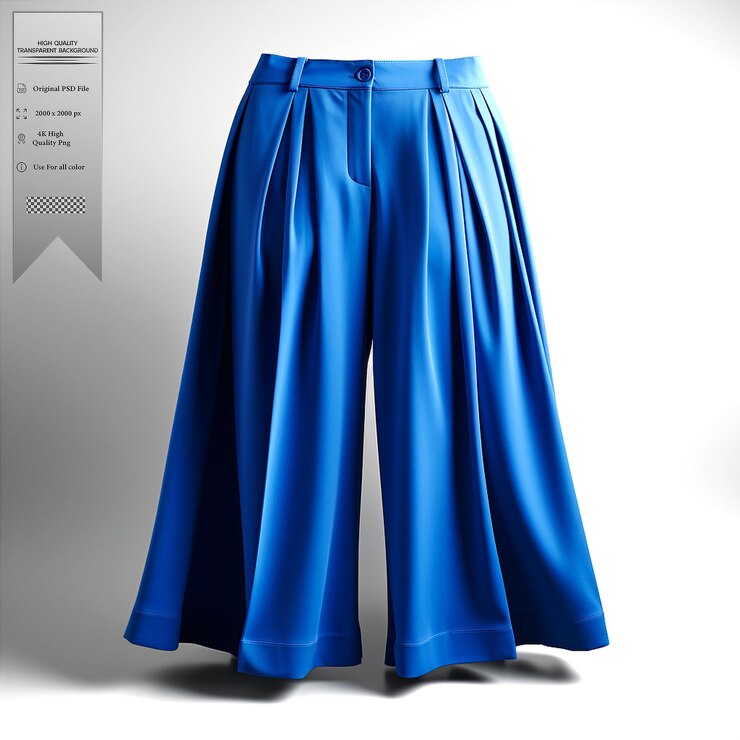 PSD pantalones anchos azules cobalto con longitud recortada y cintura alta sobre un fondo transparente