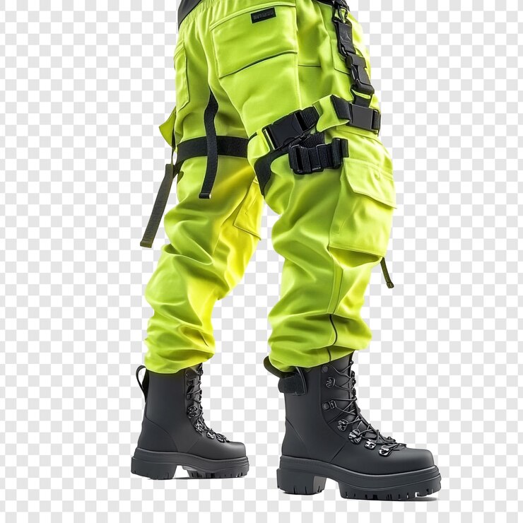 PSD pantalones de carga verdes con botas negras