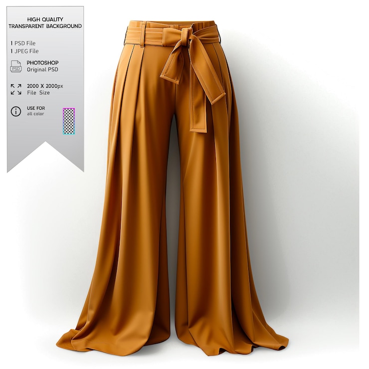 PSD pantalones de piernas anchas de color camello con cintura y cinturón de bolsa de papel sobre un fondo transparente