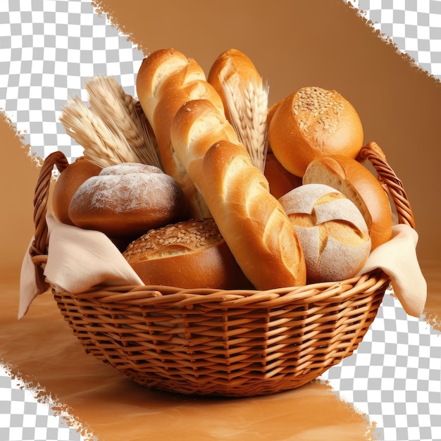 PSD pão e pãezinhos em cesta de vime isolados em um fundo transparente