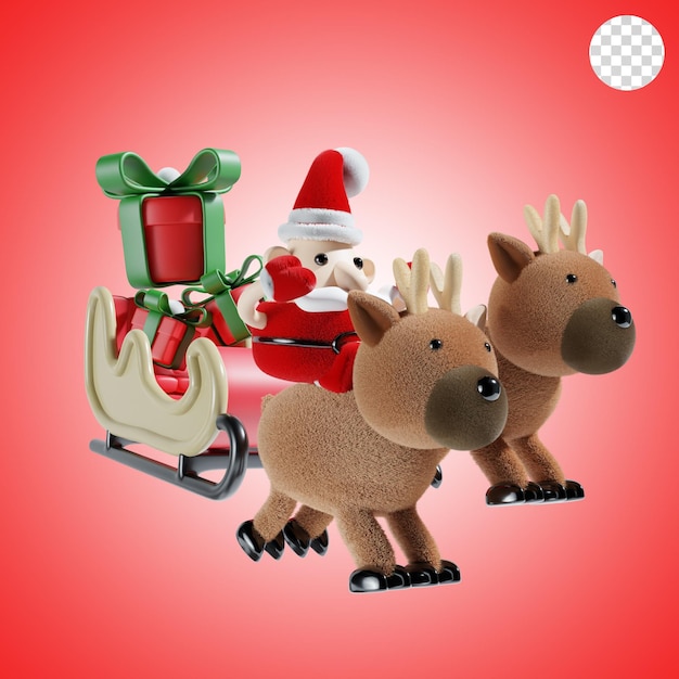 Papá Noel con el carruaje de Navidad y el regalo Ilustración 3D