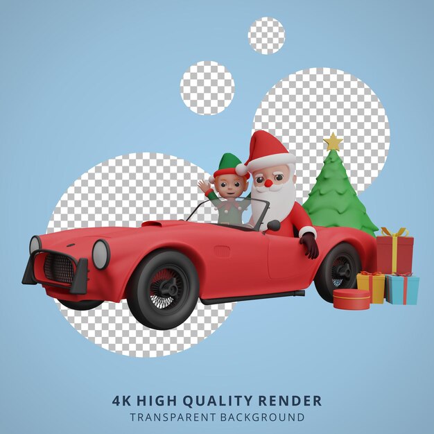 Papá Noel y los enanos están montando scooters para preparar regalos para Navidad y año nuevo. Papá Noel y los enanos conducen un automóvil para preparar regalos para Navidad y año nuevo.
