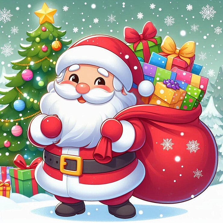 PSD un papá noel está de pie frente a un árbol de navidad