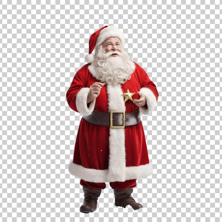PSD un papá noel de pie frente a una estrella que dice "cita de papá noel"