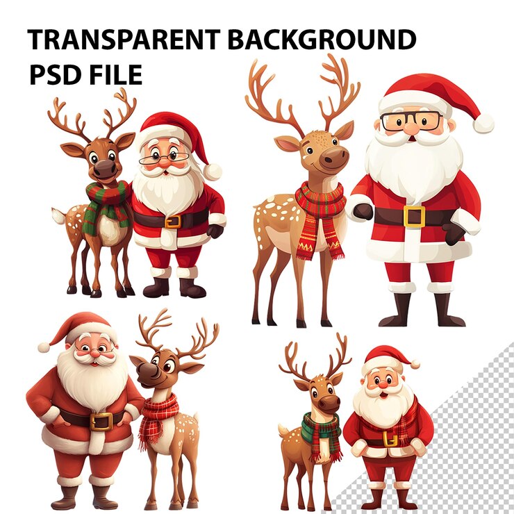 PSD papá noel con un reno aislado en un fondo transparente
