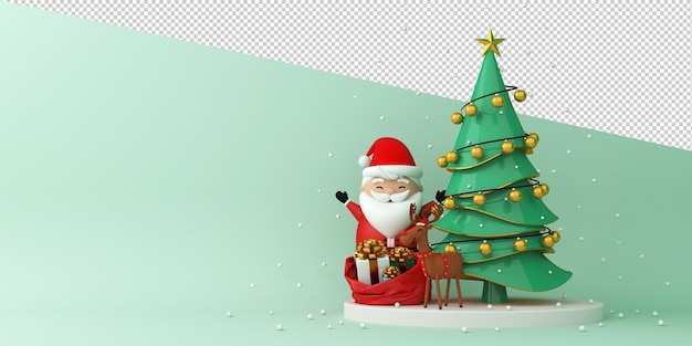 Papá Noel y renos junto al árbol de Navidad