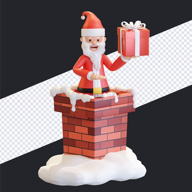 Papá noel saliendo de la chimenea con caja de regalo navidad 3d render ilustración