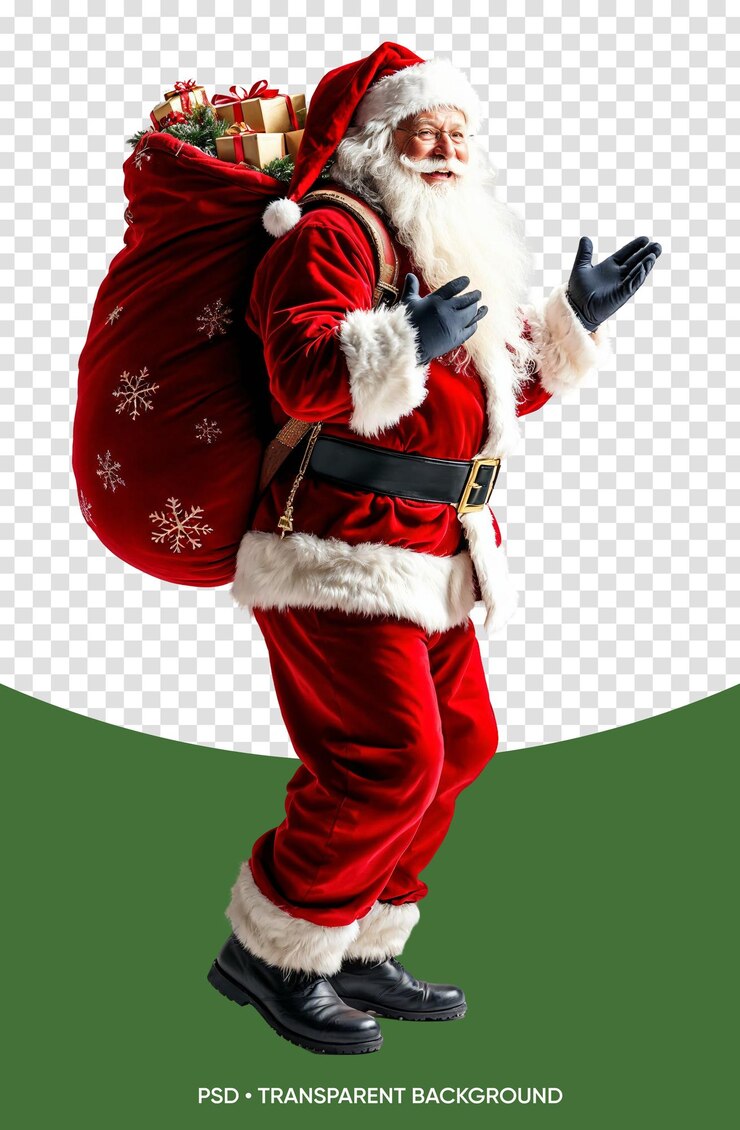 PSD papá noel sonriente con una gran bolsa roja llena de regalos de navidad en la espalda