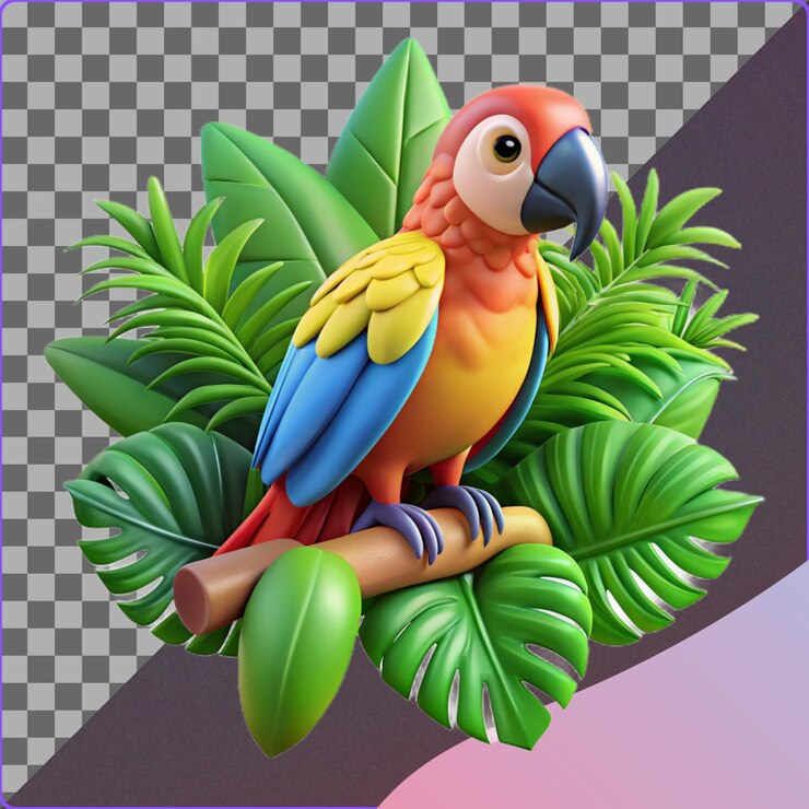 PSD papagaio 3d en una rama con hojas tropicales