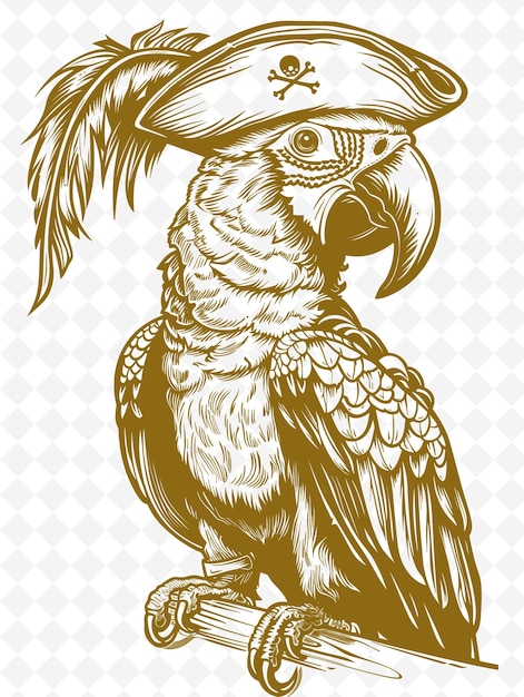 PSD papagaio macaw com um chapéu de pirata e tapa de olho olhando para animais miseráveis sketch art vector collections