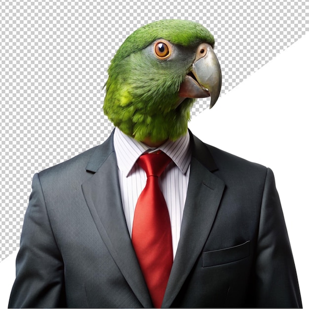 PSD papagaio verde vestindo terno de negócios em fundo transparente