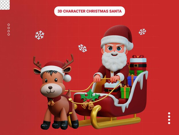 Papai noel entrega presentes com personagens de renas em 3d