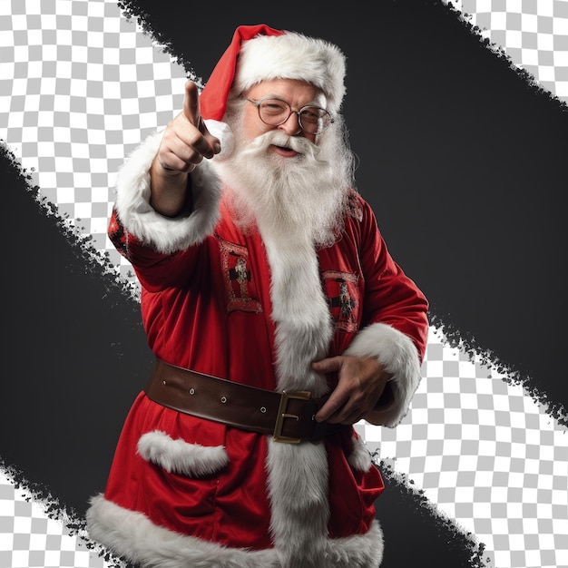 Papai noel faz uma declaração em um fundo transparente usando óculos e uma roupa vermelha em uma tomada longa média