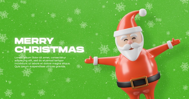 Papai noel feliz natal ícone 3d em banner de fundo verde com flocos de neve