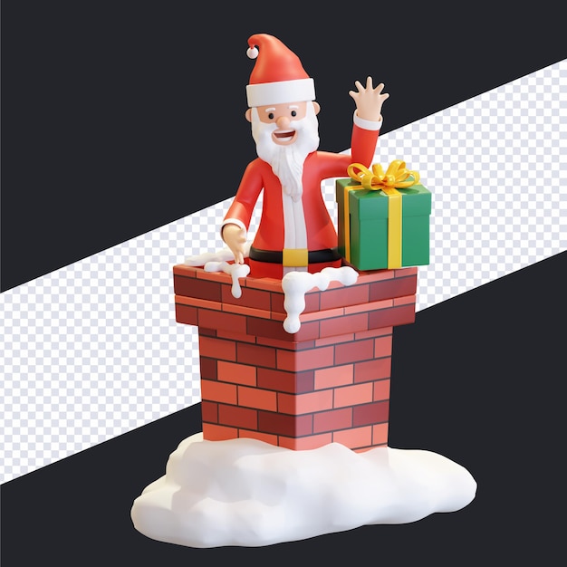 Papai noel saindo da chaminé com caixa de presente natal ilustração renderização em 3d