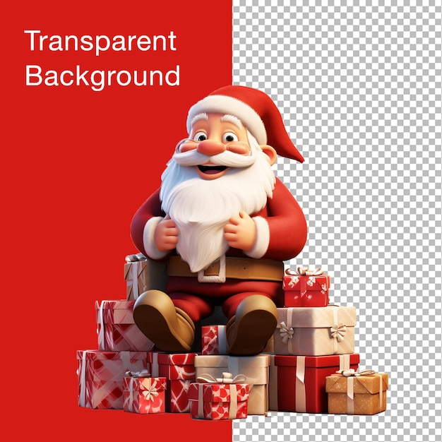 Papai Noel sentado em caixas de presentes com fundo transparente