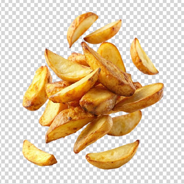 Las papas fritas crujientes caen sobre un fondo transparente