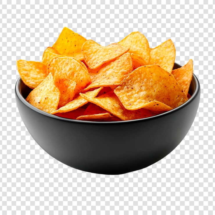PSD papas de tortilla crujientes en un cuenco negro sobre un fondo transparente