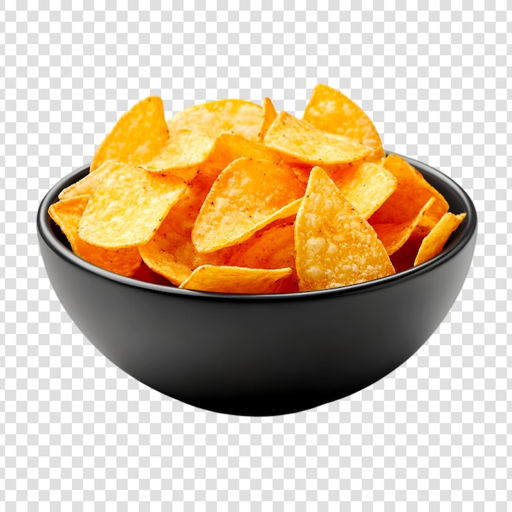 PSD papas de tortilla crujientes en un cuenco negro sobre un fondo transparente