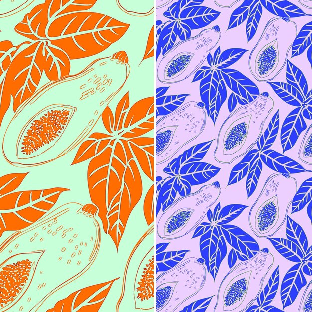 Papaya Avec Des Contours De Feuilles Et Un Design Complexe Avec Un Motif Vectoriel De Fruits Tropicaux Rayés